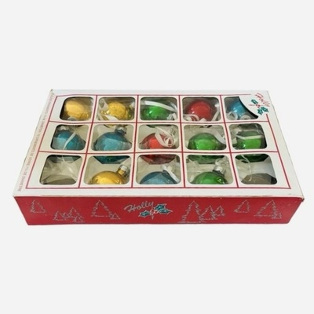 Vintage Holly Brand Christmas Tree Ornaments Box of 13 Multicolor Glass Balls - Picture 2 of 5